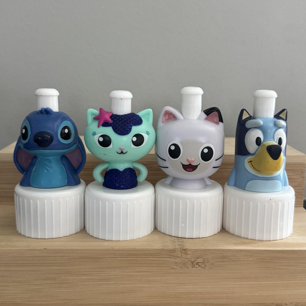 4 Good 2 Grow Juice Topper Stitch, MerCat Pandy Paws Gabby’s Doll House Bluey